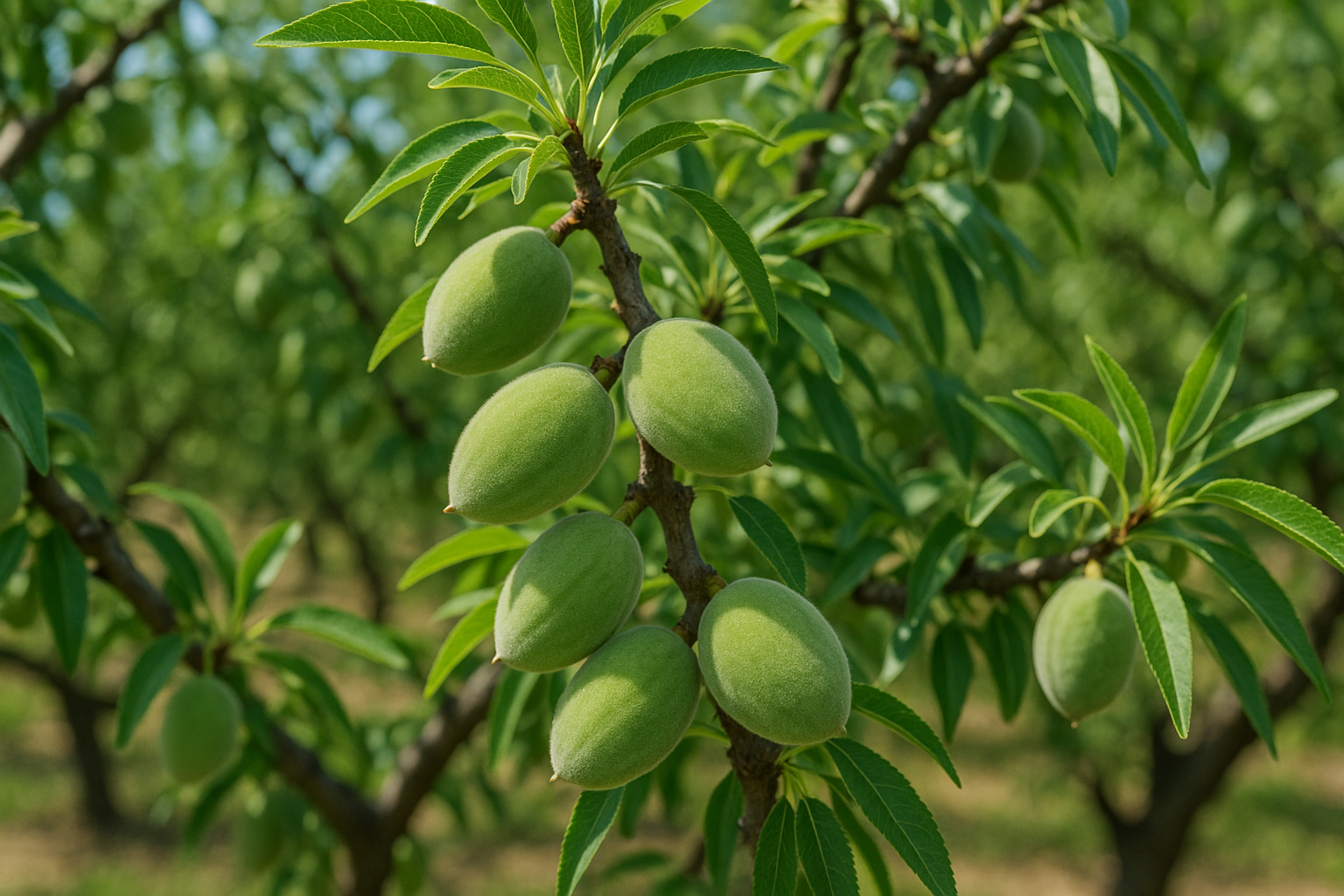 Almonds medium size green color on trees