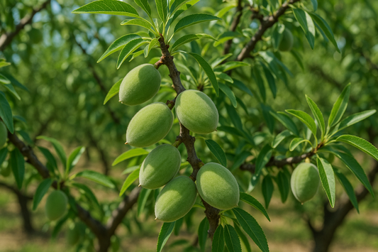 Almonds medium size green color on trees